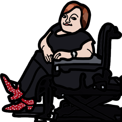 A portrait of disabled activist, journalist and comedian Stella Young, drawn with thick black outlines. She is posing in her wheelchair and smiling - she is wearing mostly black but with red polka-dot shoes.